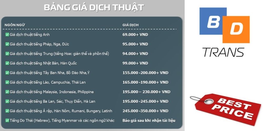 Bảng báo giá dịch thuật công chứng tại Trà Vinh